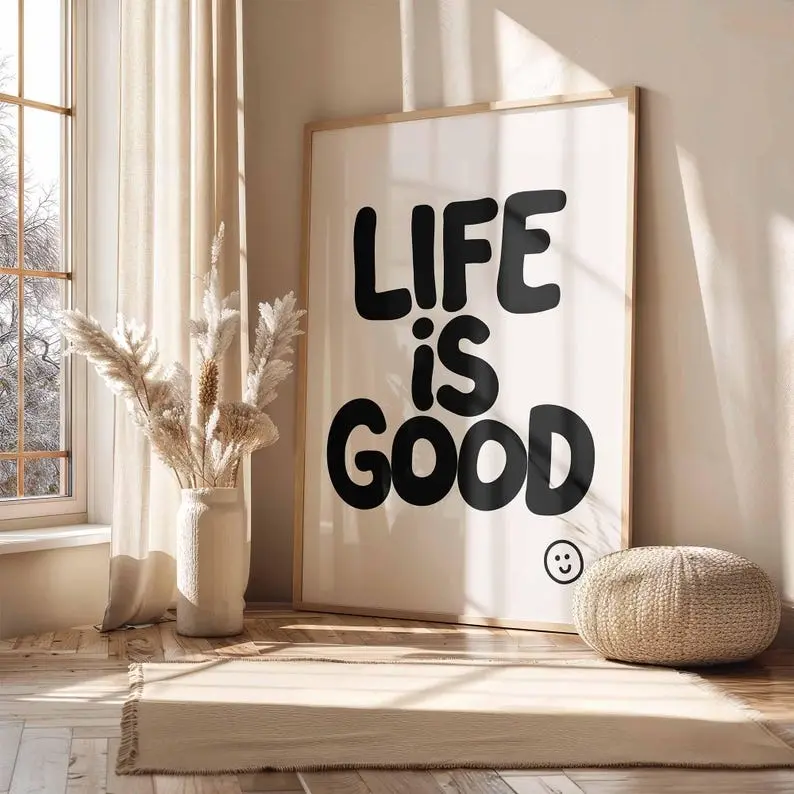 Retro Charm "Life is Good" Typography Unframed Paper Poster - Multi-Size (8x10,12x18,17x17,18x24,24x24,27x40,30x30) Black Home Decor Print, Tube-Included Bedroom Wall Art