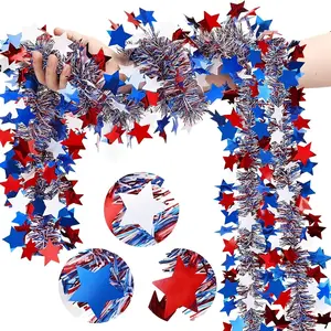 4th of July Patriotic Garland Decor Glitter Tinsel Streamers 2 Meter Each 5 Pieces 10M Total For Tree Golf Cart Bike Parade Float Home Indoor Outdoor Holiday Party Decor