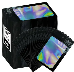 Mylar Holographic Bags 300 Pack with Clear Window Resealable Smell Proof Organiser Bags Zipper Foil Pouch for Samples Small Business Black 4x6 Inches - Aluminium