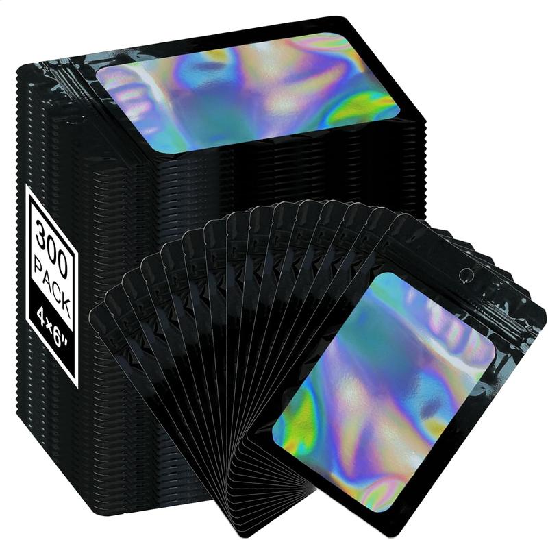 Mylar Holographic Bags 300 Pack with Clear Window Resealable Smell Proof Organiser Bags Zipper Foil Pouch for Samples Small Business Black 4x6 Inches - Aluminium