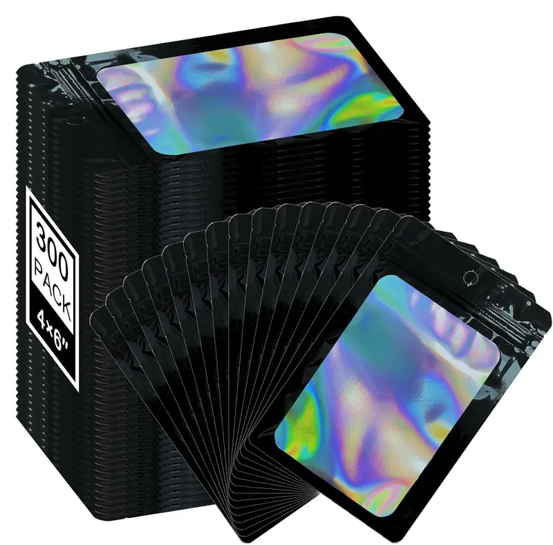 Mylar Holographic Bags 300 Pack with Clear Window Resealable Smell Proof Organiser Bags Zipper Foil Pouch for Samples Small Business Black 4x6 Inches - Aluminium