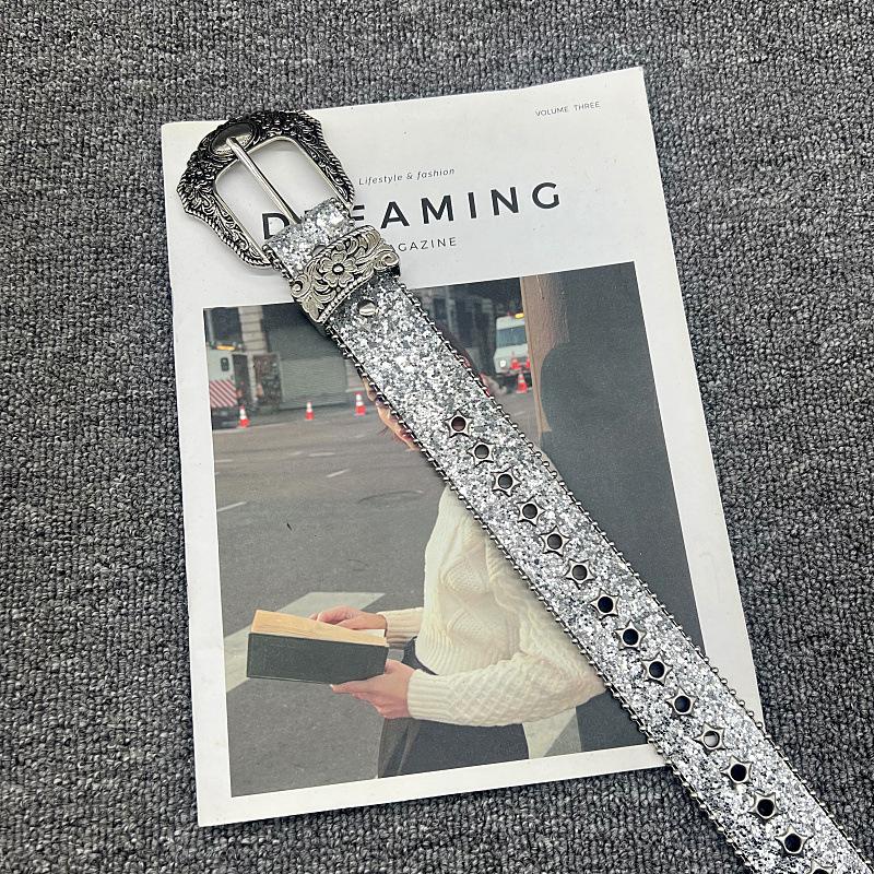 Black Silver) belt y2k Handmade Rhinestone Belt Suitable For  display picture 3