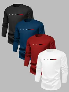 🇫🇷✨4 Pack Paris Minimalist Long Sleeve Round Neck Tees | French Flag Stripe Print T-Shirts | Parisian Aesthetic Casual Tops, Casual Street Wear