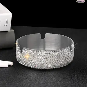 Bling Rhinestone-Design Stainless Steel Ashtray, Luxury Portable Smoking Fashion Accessory, Decorative Ornament for Home, Car