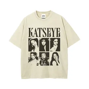 Retro-chic Katseye Music T-shirt, retro-pop style patterned washed crew neck T-shirt