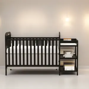 3-in-1 Convertible Wood Full Size Baby Crib & Changing Table Combo - Bedside Crib with Storage, Toddler Bed with Rails, Daybed, 3 Mattress Height Settings for Nursery