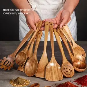 10/6pcs Natural Teak Cooking Utensil, Spoons Set, Kitchen Cooking Accessories, Ergonomic Handles, Non-Porous Surface, Kitchen Gift, Durable and Easy to Clean, Natural Teak Grain, Suitable for Daily and Special Use, Kitchenware, Heat-Resistant Utensils