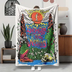 Psychedelic Frog Skull Peace Sign Flannel Throw - Hippie Frog-Themed Graphic Blanket, Soft Cozy Warm Nap Blanket for Bedroom Couch, Unique Bohemian Gift for Friends, Christmas Birthday Holiday Present, Frog-Themed Throws, Graphic Blanket Throws