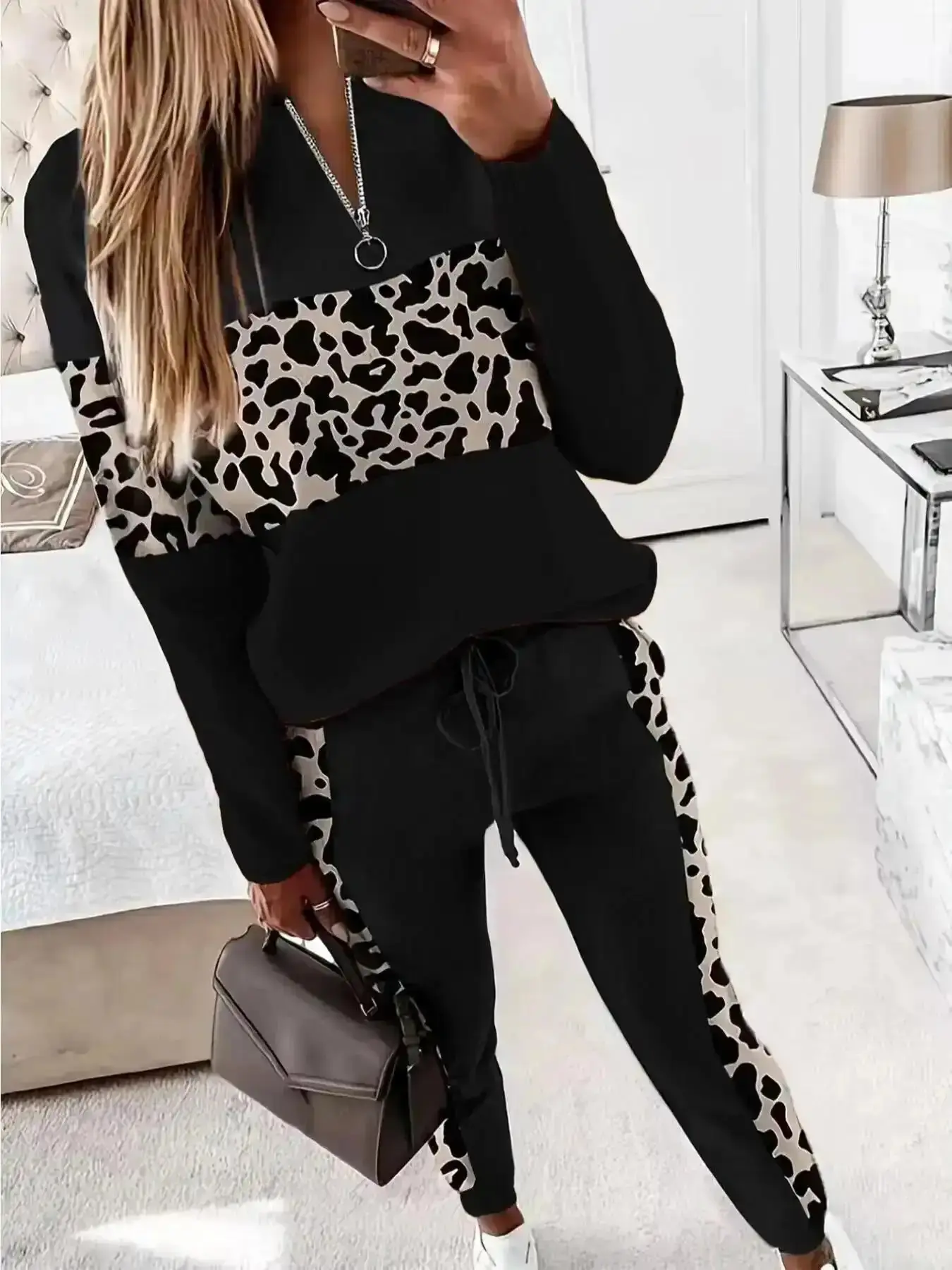 2026 Women's Colorblock Leopard Print Zipper Mock Neck Sweatshirt & Drawstring Waist Sweatpants Set, Casual Long Sleeve Top & Pocket Jogger Pants For Spring & Fall, Holiday Wear, Transitional Wear, Comfy