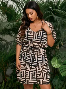 Plus Size Geometric Maze Print Dress - V Neck + Tie Waist + A-Line Skirt