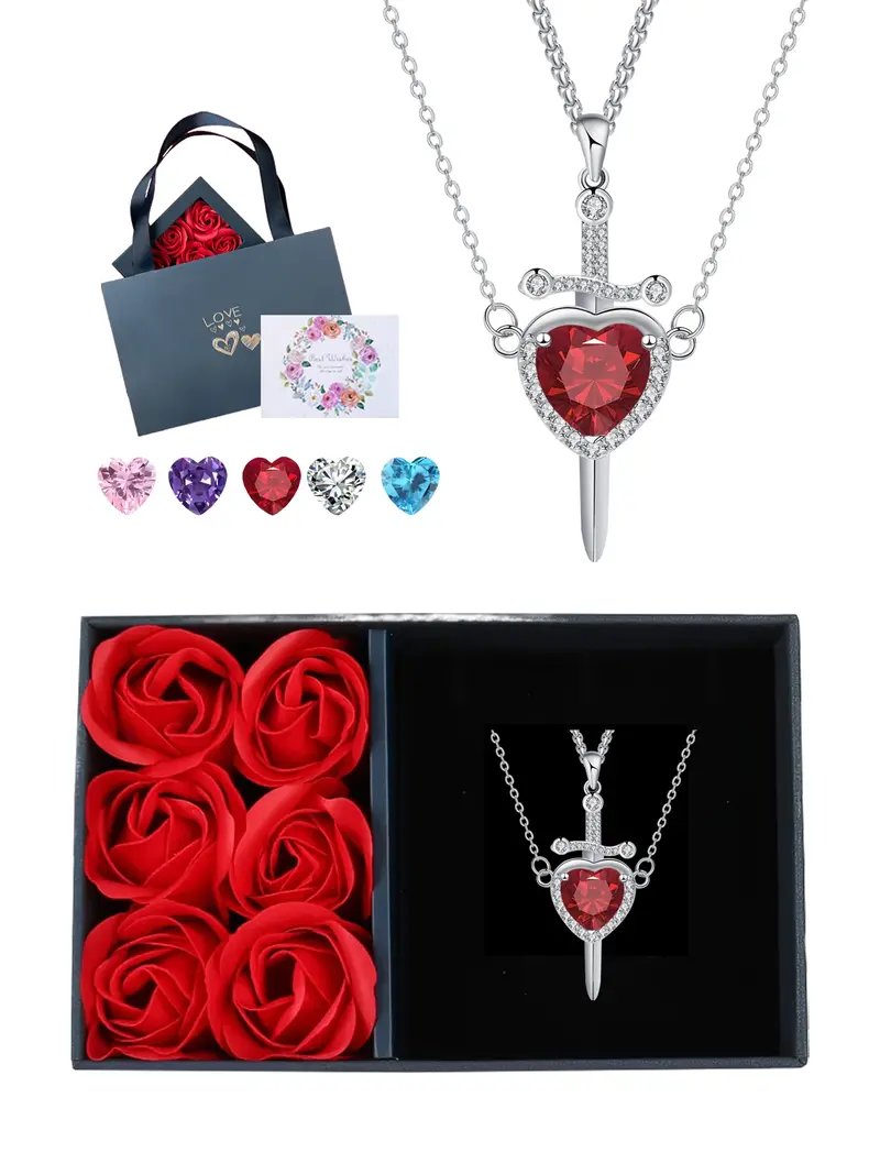 Gothic Red Heart And Sword Couple Necklace Love Sword Dagger Layered Pendant You are in My Heart Cool Matching Couple Necklace Jewelry Gifts for Men Women (#4