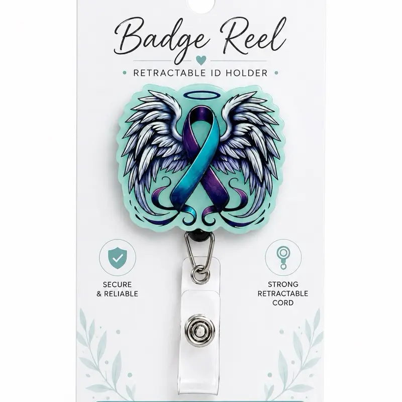 Angel Wings Awareness Ribbon Badge Reel Retractable ID Holder Secure Reliable Strong Cord Design