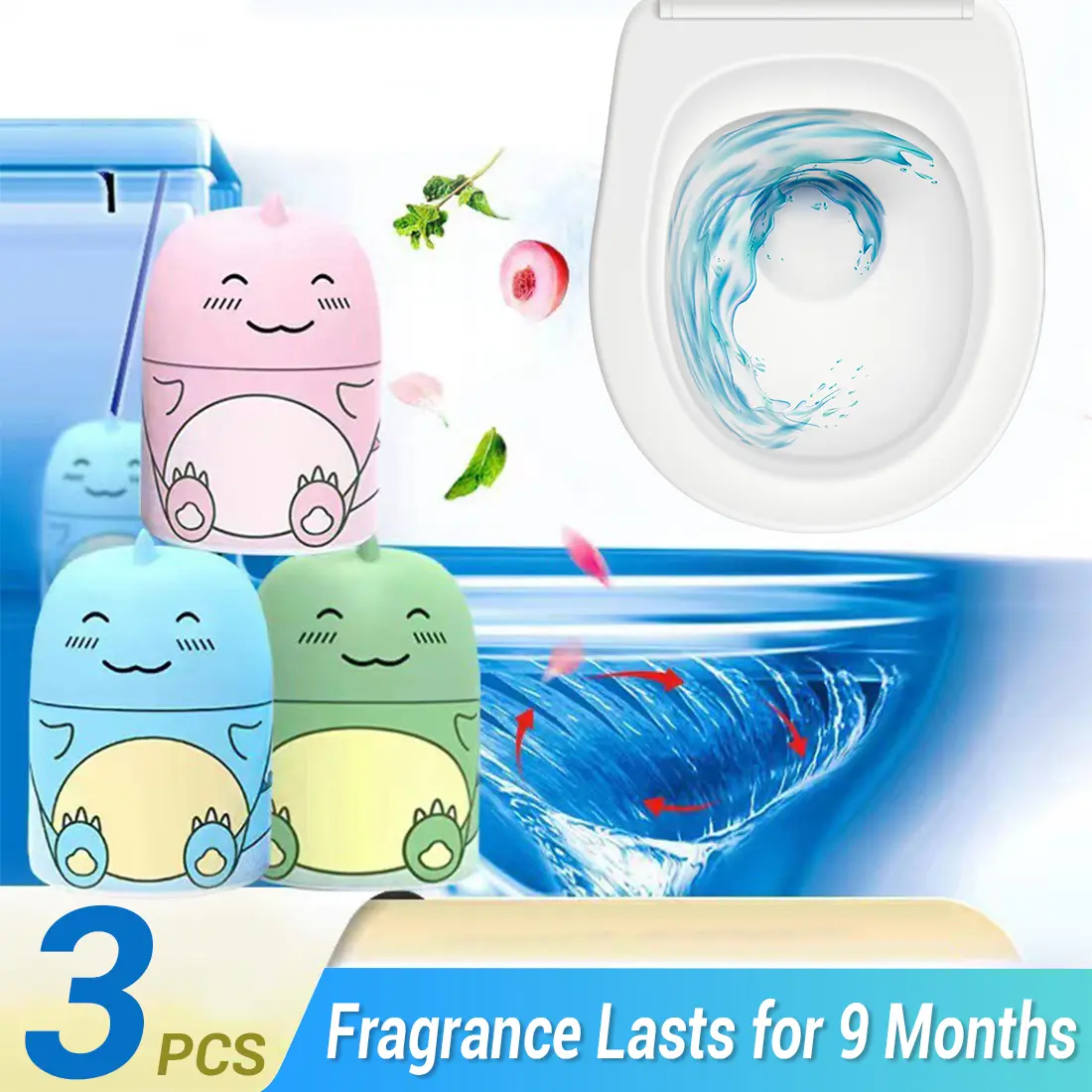 CloudMades 3-Bottle Automatic Toilet Cleaner System - Cute Dinosaur-Shaped Scented Cleaning Products, Long-Lasting Deodorizing Anti-Fouling Bathroom Tank Cleaners with Ocean, Jasmine, Peach Scents (Tablets Included)