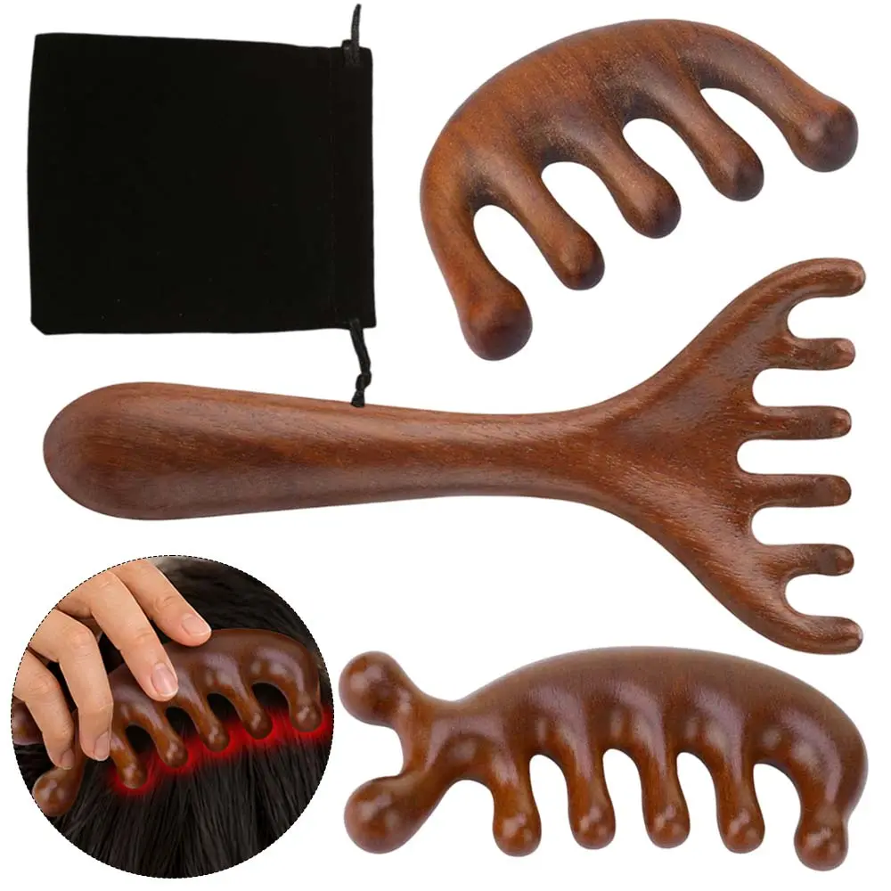 3-Pack Gentle Natural Wood Scalp Massage Comb Set with Lightweight Portable Pouch - Daily Multi-Function Gua Sha Tool for Head Relaxation, Smooth Home Spa Accessory (Beauty & Personal Care, Bath & Body Care, Gift Option)