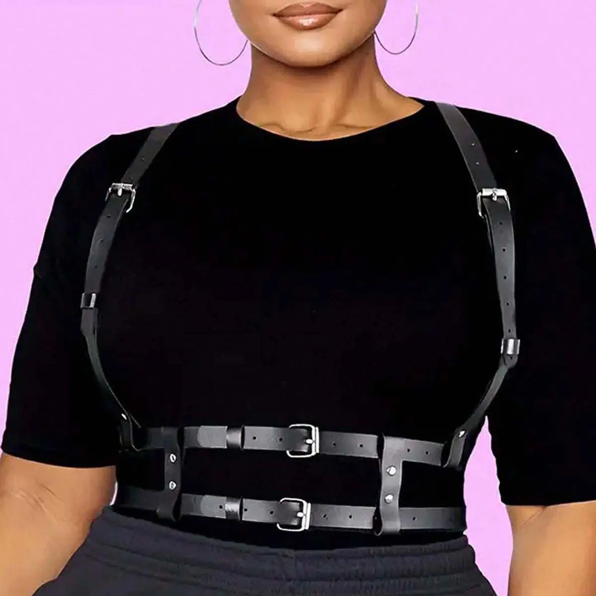Women's Plus Size Plain Curvy Figure-Flattering PU Leather Durable Belt - Dual Parallel Waist Band, Adjustable Wide Shoulder Heavy-Duty Suspender Harness, Gothic Casual Statement Strap, XXL Street Style Waistband, Rivet