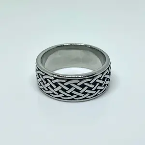 Silver Stainless Steel Celtic Weave Band Ring – Viking Knot Woven Pattern Ring