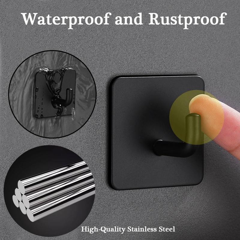 Adhesive Hooks for Hanging, Self-Adhesive Wall Hook for Key Hat Coat, No Drill Stick on Bathroom Towel Hooks, Shower Kitchen Door  Outdoor 8 Pack, Black