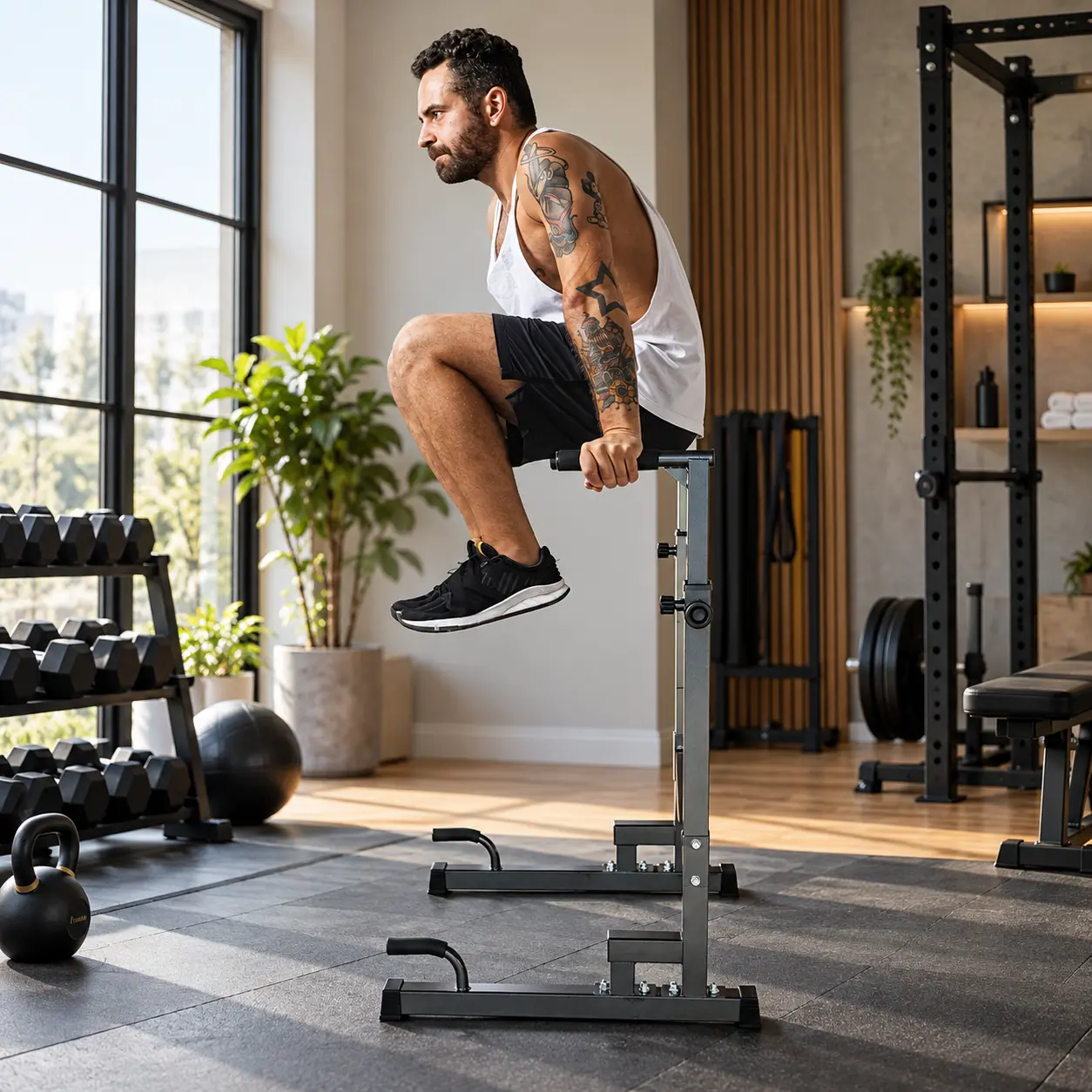 SAVEYOUR Heavy-Duty Steel Power Tower - Adjustable Height Dip & Pullup Station with Foldable Bench, 8 Gear Levels, Ergonomic Design, Foam Rubber, Compact Space-Saving H-Shaped Base, Home Strength Training Equipment for Adults (Decline/Flat/Stand Modes)
