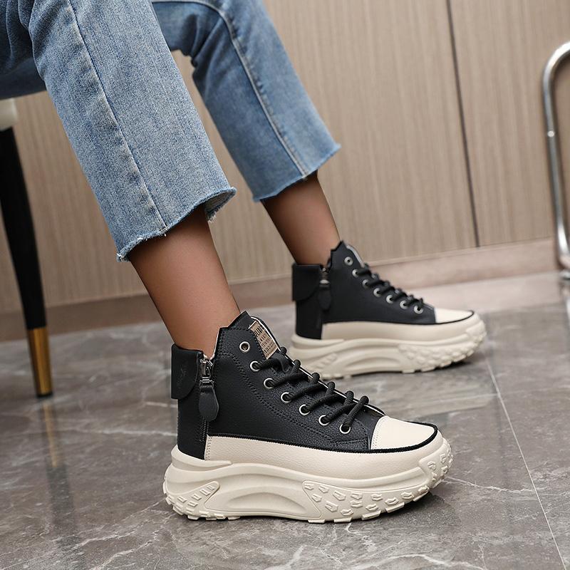 Women's height increasing high top Athletic - thick soled lace up sneakers, EVA/rubber sole, round toe and minimalist design | Four season casual street shoes with arch support | Solid color design, thick and comfortable and stable height increase