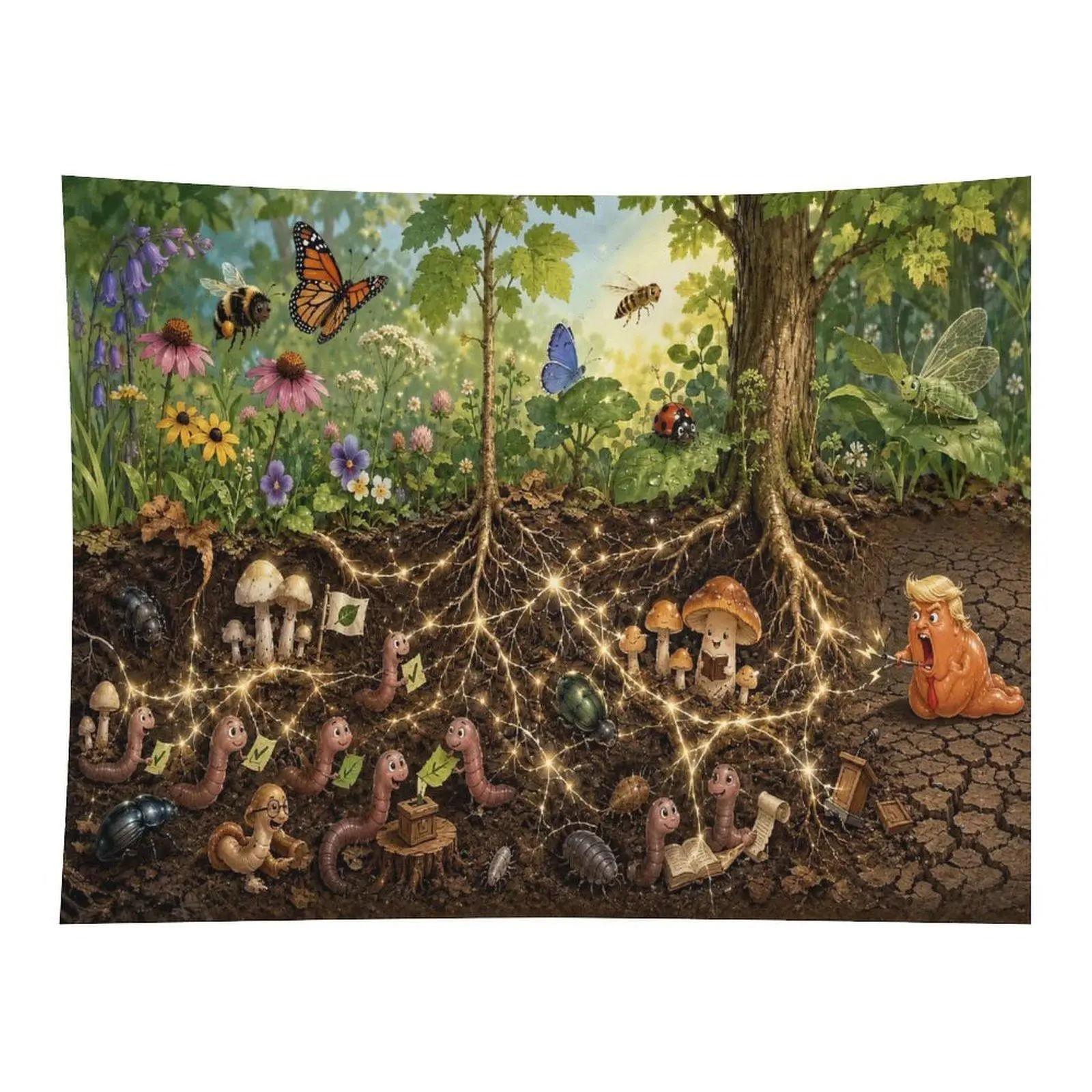 Whimsical Forest Underground Root Worms Mushroom Butterfly Bee Garden Cartoon Wall Tapestry Wall Hanging, Cute Nature Fantasy Weird Meme Art Decor for Kids Bedroom Ornament