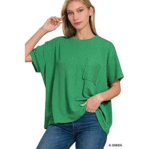 Raised Rib Short Sleeve Front Pocket Top