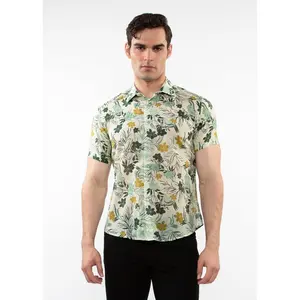 FERN/OCHRE FLORAL PRINTED LIGHTWEIGHT COTTON SILK SHORT SLEEVES WOVEN SHIRT PM-46040