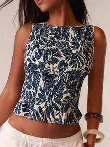 Women's Summer Deep V Neck Sleeveless Plant Floral Tank Top, Fitted Casual Fashion, Perfect for Daily Wear & Trendy