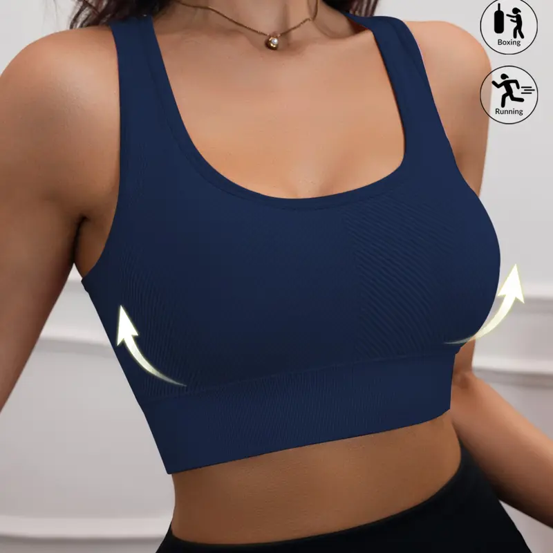 Women's Fitness Seamless Wireless Sports Bra with Pads, High Support No Underwire Elastic Backless, Ideal for Gym Yoga Running Workout, Workout Ribbed Solid Sports Bra, Stretch Sports Bra, Workout Sports Bras