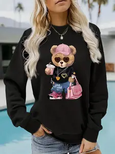 Teddy Bear Print Sweatshirt for Women, Casual Loose-Fitting Long Sleeve Pullover, Comfortable Knitted Sportswear for Fall & Winter