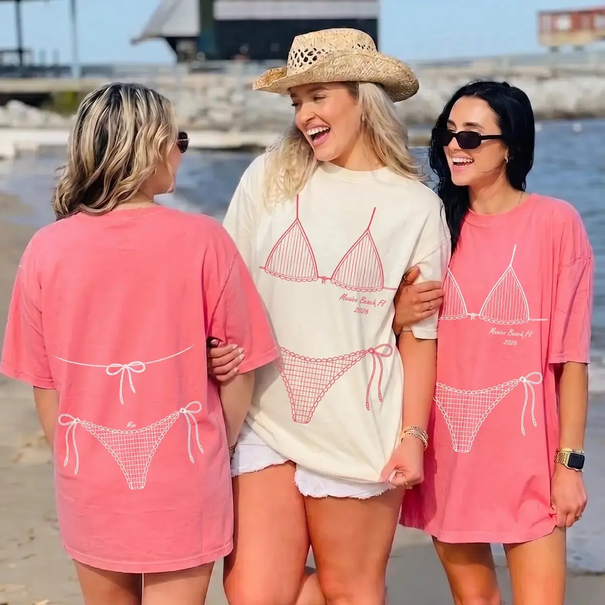 Mrs Bride Bikini Graphic T-Shirt for Women, Pink Short Sleeve Oversized Cotton Tee, Casual Bachelorette Party Beach Cover Up, Shortsleeve, Baggy, Everyday, Loose, Printed, Streetwear