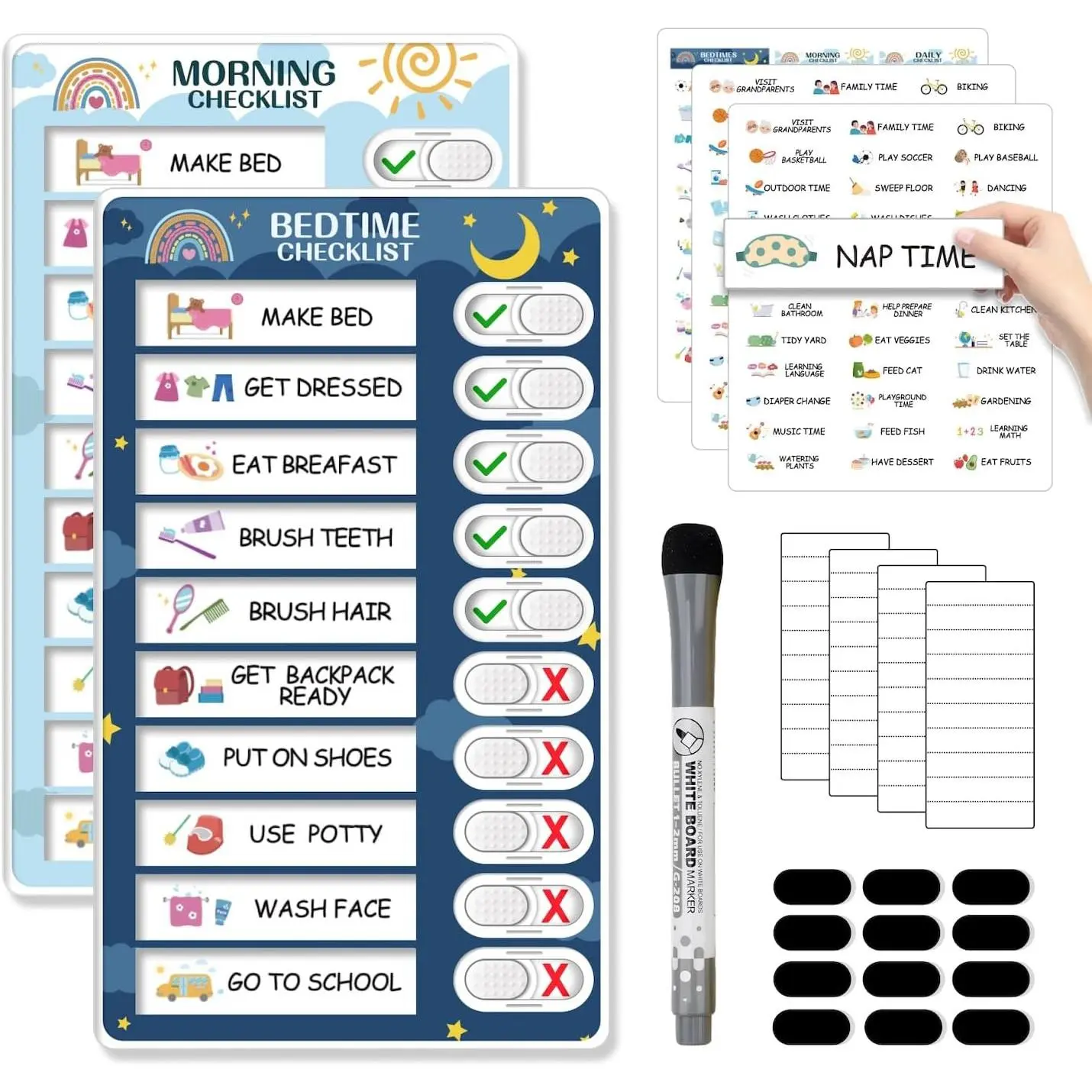 2 in 1 Bedtime/Morning Routine Chart for Kids Toddlers, Magnetic Chore Chart for Kids, Cute Visual Schedule for Kids Schedule Board for Home, Kids Checklist to Do List ADHD Tools for Kids