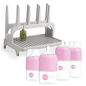 PopYum Pink Formula Making Baby Bottle 4-Pack Set with Gray Drying Rack Bundle