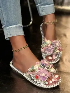Summer New Fairy Style Flower Rhinestone Sandals, Transparent Flat Bottom Slip-On, Anti-Slip Jelly Sole, Beach Vacation Casual Shoes