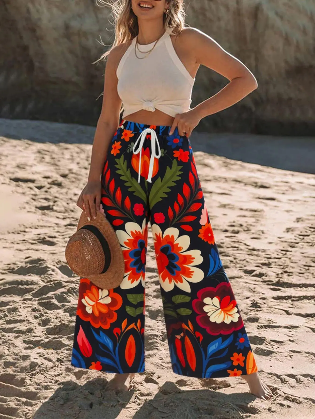 Women's Bohemian Floral High-Waist Wide-Leg Palazzo Pants - Elastic Drawstring Waistband, Side Pockets, Loose Comfy Fit - Resort Wear, Boho Clothes, Ideal for Casual Beach Use, Pants For Women