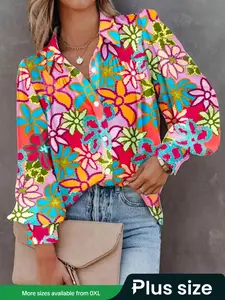 [Plus Size] Floral Print Button Front Woven Fitted Blouse, Casual Elegance Bishop Sleeve Collared Top for Summer, Fall Clothing, Going Out Tops, Summer Clothes Women, Women's Clothes for Daily Wear, Womenswear