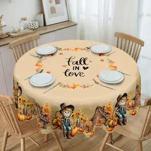 Polyester Fall Harvest Rectangle Tablecloth - Scarecrow, Pumpkin, Sunflower Print, Easy-Clean Overlay Table Cover, Holiday Thanksgiving Indoor Outdoor Dining Decor, Party Decoration Supplies