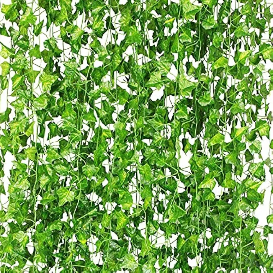 24-Pack Artificial Faux Greenery Evergreen Fake Plants Set, 168ft Hanging Vines Synthetic Ivy with Nature Flower Bouquets & Hanging Fruit Ornaments, Realistic Look Wall Decoration for Bedroom & Indoor Rooms, Floral Decor
