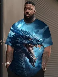 Men's 3D Dragon Print T-Shirt, Casual Streetwear Short Sleeve Pullover, Polyester Knit, Round Neck, Summer Outdoor Wear, Loose Fit, Plus Size, Clothes