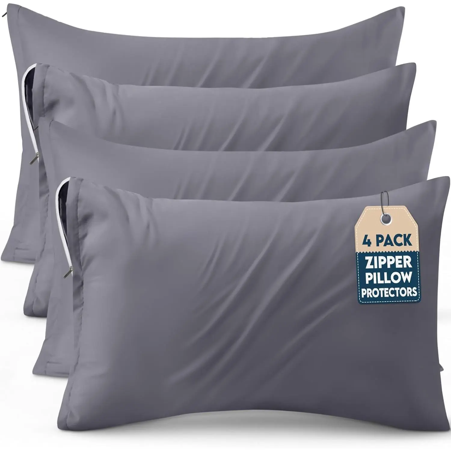 4 Pack Pillow Protectors with Zipper  Size, Soft Brushed Microfiber Fabric Pillow Cases, Shrinkage and Fade Resistant Pillow Covers (Grey)