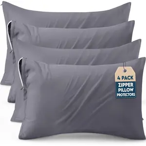 4 Pack Pillow Protectors with Zipper  Size, Soft Brushed Microfiber Fabric Pillow Cases, Shrinkage and Fade Resistant Pillow Covers (Grey)