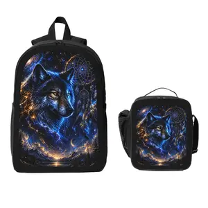 Starry Sky Dreamcatcher Wolf Backpack and Lunch Bag Set Bundle Large Capacity Backpack with Insulated Lunch Tote Lightweight Durable Multi Pocket Design Comfortable Shoulder Straps Travel Daily Use Organizer Stylish Matching Set Unisex