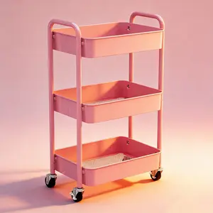 3-Tier Rolling Cart, Pink Mobile Storage Organizer with Wheels, Multi-Purpose Utility Cart for Kitchen, Bathroom, Bedroom, Office, Rolling Utility Cart for Makeup, Snacks & Art Supplies
