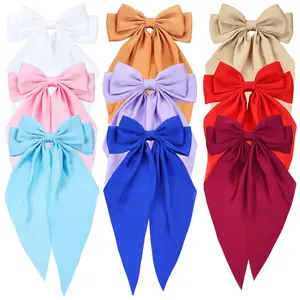 9 Pcs Oversized Satin Hair Bows White Pink Red Blue Green Black Hair Accessories Bowknot with Long Tail Ribbon Giant Hair Bow Clips French Barrettes for Women Girls