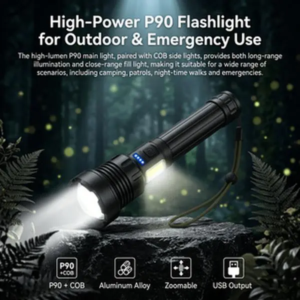 XHP90 LED 7 Mode Super Bright Rechargeable Flashlight, Tactical Zoomable Flashlights High Lumens, Brightest Torch With Cob Sidelight, USB Output As Power Bank, For Outdoor, Fishing, Security, Road, Garage Lighting, Inclement Weather Or Power Outages
