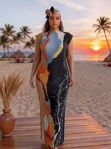 Women's Elegant Animal Pattern Slim Fit Long Dress Set, Beach Cover-Up Shawl & Scarf, Sun Protection Silk Wrap for All Seasons