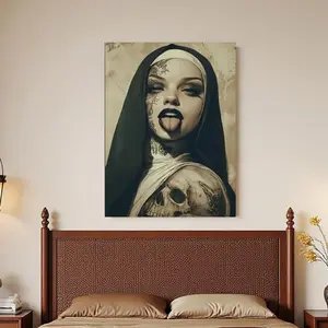 Framed 1pc Gothic Nun Poster - Nun with Skull Tongue Gothic Wall Art in Black & Beige - Wrapped Canvas Print for Home, Office, Cafe, Bedroom, Living Room - Indoor/Outdoor Decor - Edgy Religious Gothic Decoration, Bold Artwork, Detai Illustration, Alt