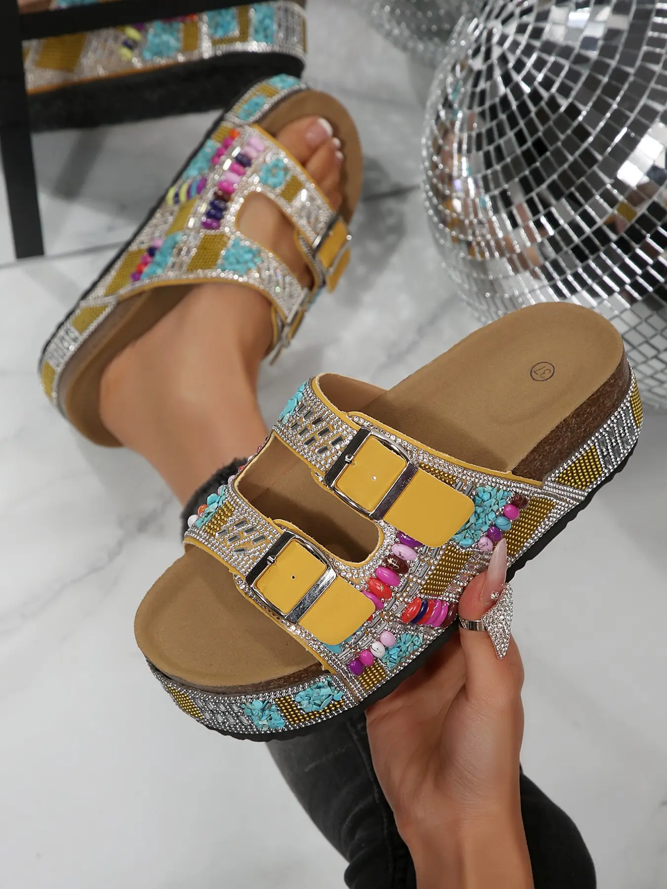 Colorful Rhinestone Platform Sandals, Bohemian Style Elegant Fashion Beach Shoes, Summer Thick Sole Flip Flops, Vacation Ready Footwear, Getaway Platform Sandals, Boho Shoes, Bohemian Trending Sandals