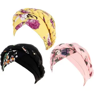 Pack of 3 Women’s Floral Turbans - Elegant Braided Headwrap Caps, Soft Polyester, Flower Prints, Comfortable Hair Protection for Casual Attire