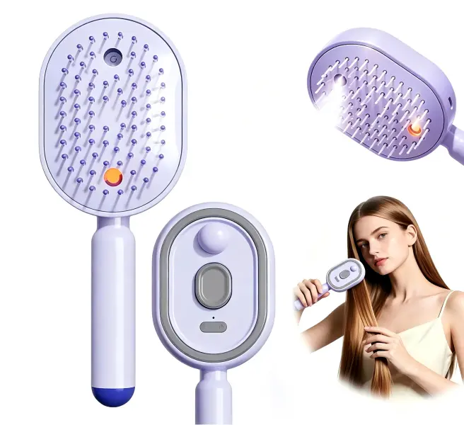 Purple 3-in-1 Rechargeable Cordless Electric Detangler Brush - Anti-Tangle Massage Brush with Soft Silicone Bristles, Self-Cleaning Mist Steam Tool, 0.34oz ABS Plastic Compact Travel Hairbrush for Dry Frizz Hair & Scalp Care, Bathroom Gadget