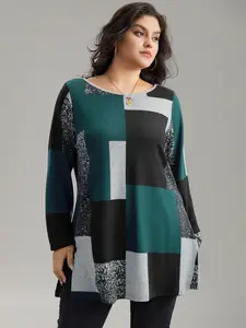 【Summer Turn-Up】 Colorblock Contrast Round Neck T-shirt Oversized V Neck Tee Merch for Women Indigo Dark Slate Gray Eggplant Long Sleeve Regular Fit Elegant Polyester Boat Womenswear Style Tops [M-6X] Fabric 2026 Summer Vibes Boat Tops Swimweek
